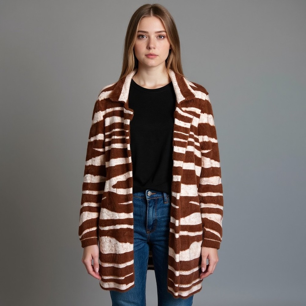 Liverpool Los Angeles Zebra Print Fuzzy Eyelash Knit Cardigan Brown Cream XL